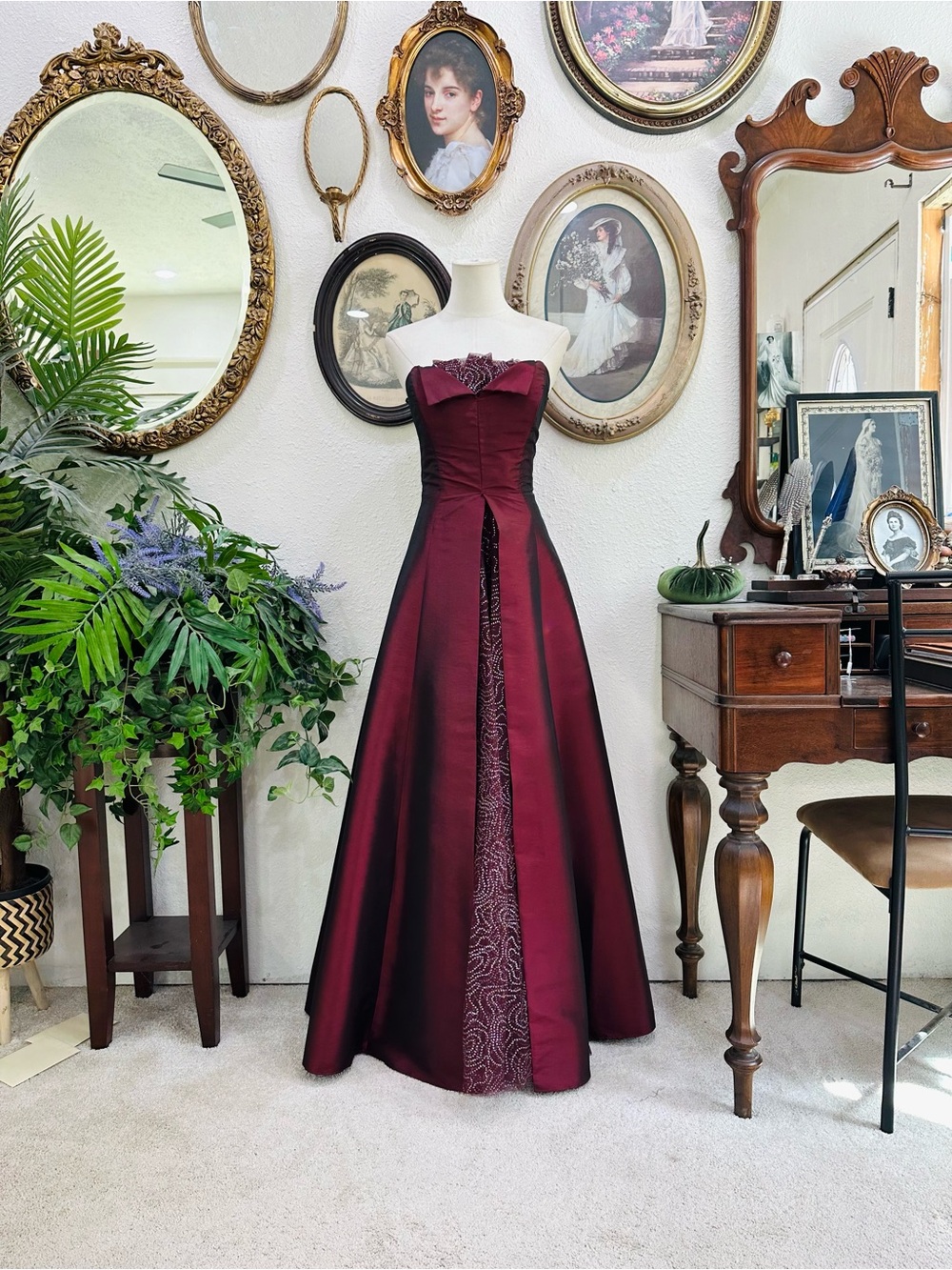 Strapless Burgundy Maxi Evening Dress with Embroidered Front Panel